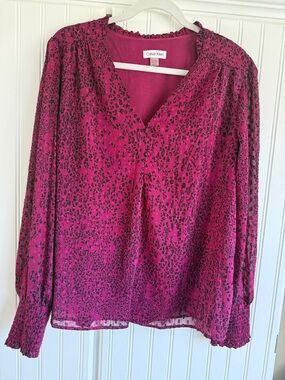 Calvin Klein Fuchsia Printed V-Neck Long Sleeve Blouse